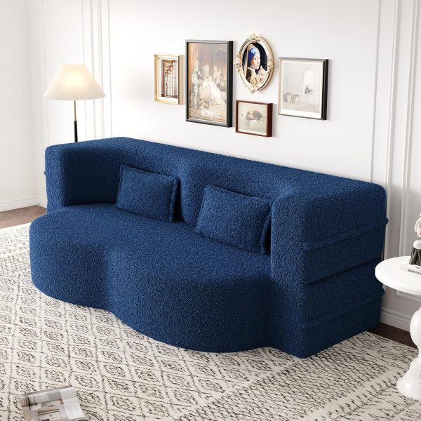 78"W Convertible Folding Sofa Bed, Teddy Full Size Futon Loveseat Sleeper Couch Bed with Pillows, Lounge Floor Sofa Folding Mattress, Compression Foam Boneless Couch for Living...