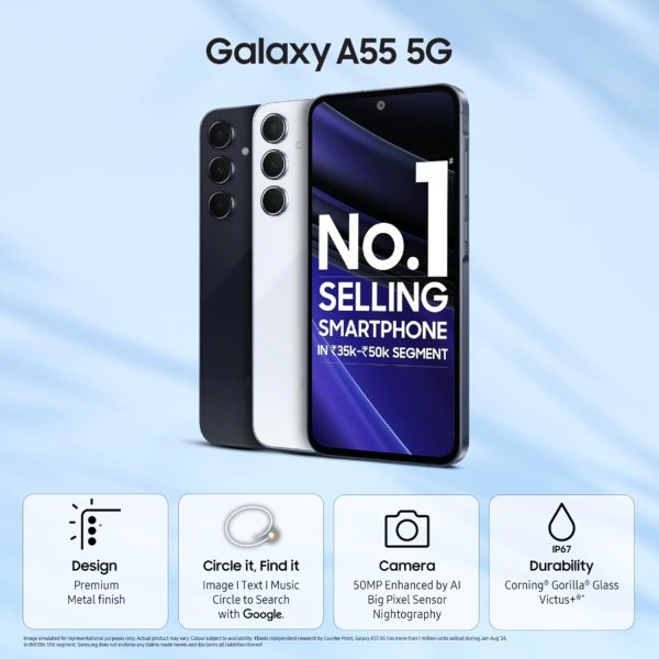 Anniversary Celebration while stocks last:Samsung Galaxy A55 5G (Awesome Navy, 8GB RAM, 256GB Storage) | AI | Metal Frame | 50 MP Main Camera (OIS) | Super HDR Video|...