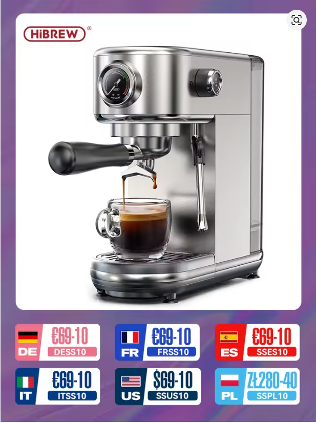 HiBREW 20Bar Semi Automatic Espresso Coffee Machine Temperature Adjustable Cold/Hot Super Slim Coffee Maker Cappuccino H10B