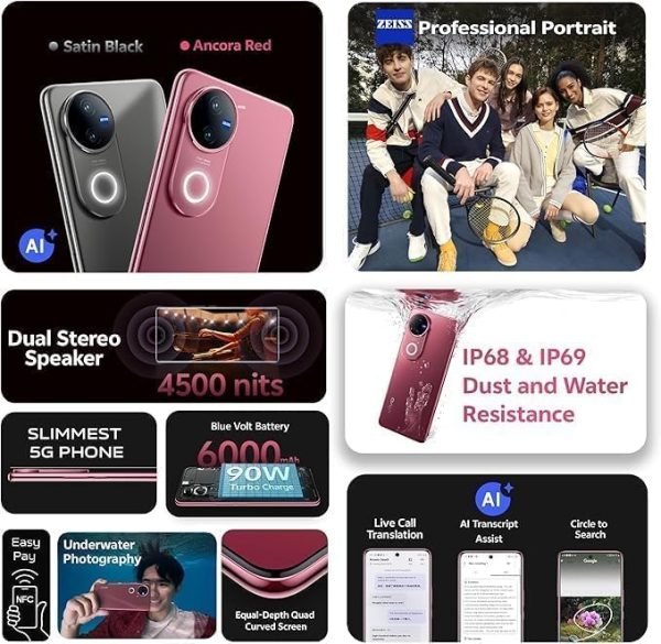 Vivo V50 5G - Ancora Red 12 + 256GB | 50MP ZEISS Camera | 3D curved 120Hz AMOLED Display | 6000mAh | IP69, 4Y Battery |18 Months Warranty - UAE Version