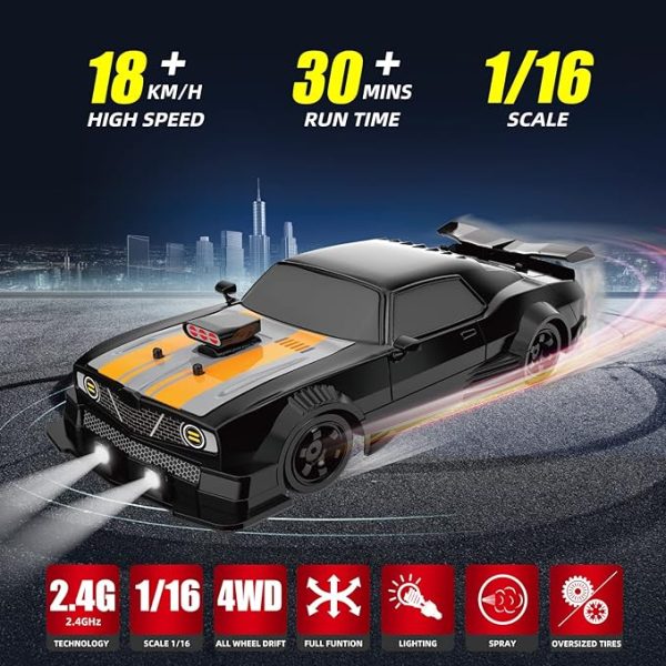 While Stocks Last:RC Drift Car 2.4GHz 1:16 Scale 4WD High Speed Remote Control Cars Vehicle with LED Lights Two Batteries and Drifting Tires Racing Sport Toy Cars for Adults...