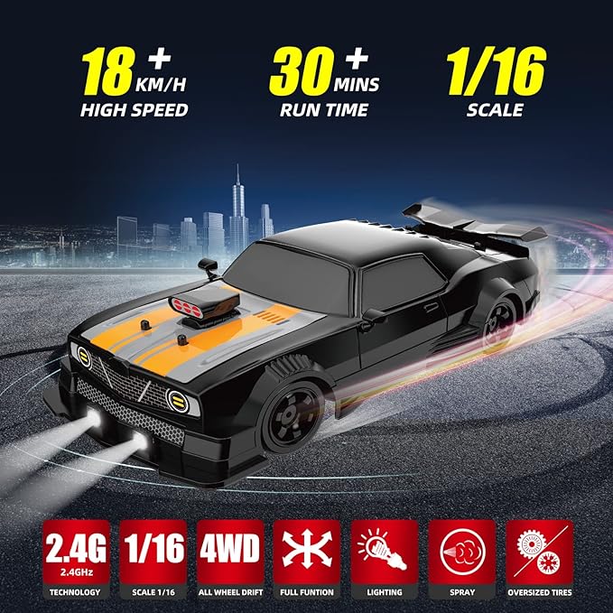 While Stocks Last:RC Drift Car 2.4GHz 1:16 Scale 4WD High Speed Remote Control Cars Vehicle with LED Lights Two Batteries and Drifting Tires Racing Sport Toy Cars for Adults...